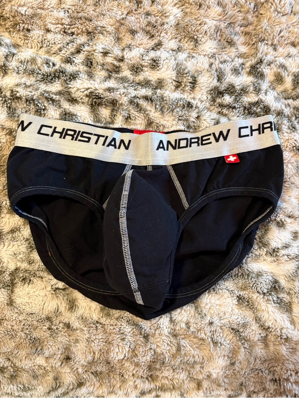 Andrew Christian Black Briefs with Silver Waistband and Red Tab